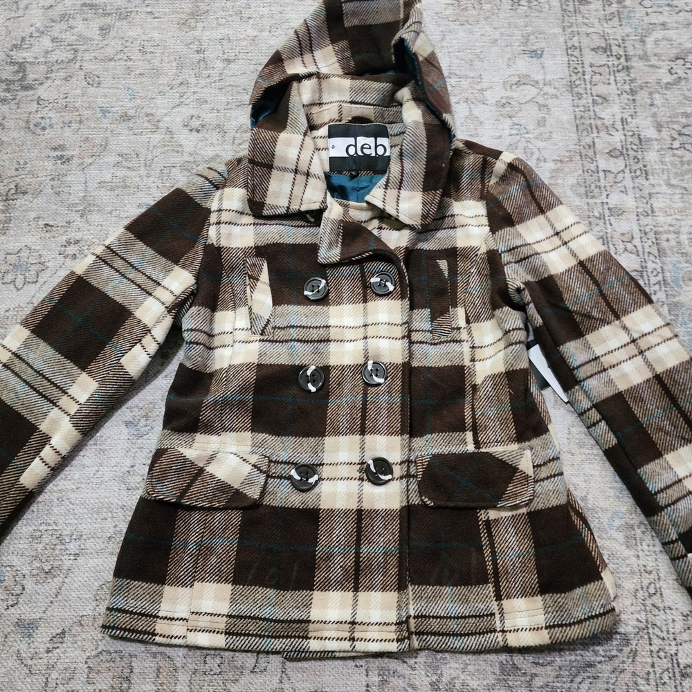 Vintage Y2K Deb Wool Blend Plaid Pea Coat Double Breasted Hood Outerwear Prep L